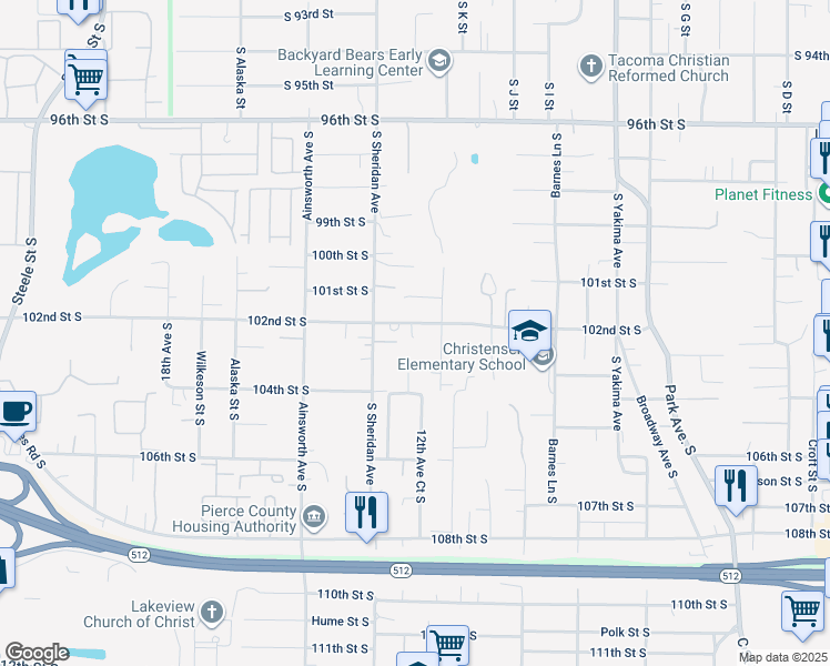 map of restaurants, bars, coffee shops, grocery stores, and more near 1212 102nd Street South in Tacoma