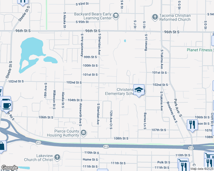 map of restaurants, bars, coffee shops, grocery stores, and more near 1212 102nd Street South in Tacoma