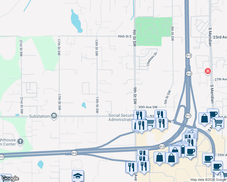 map of restaurants, bars, coffee shops, grocery stores, and more near 1101 28th Avenue Court Southwest in Puyallup
