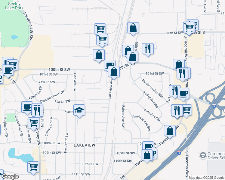 map of restaurants, bars, coffee shops, grocery stores, and more near 10201 Lakeview Avenue Southwest in Lakewood