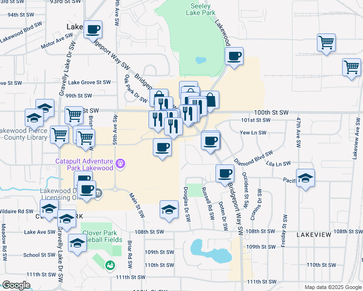 map of restaurants, bars, coffee shops, grocery stores, and more near 10210 Villa Lane Southwest in Tacoma