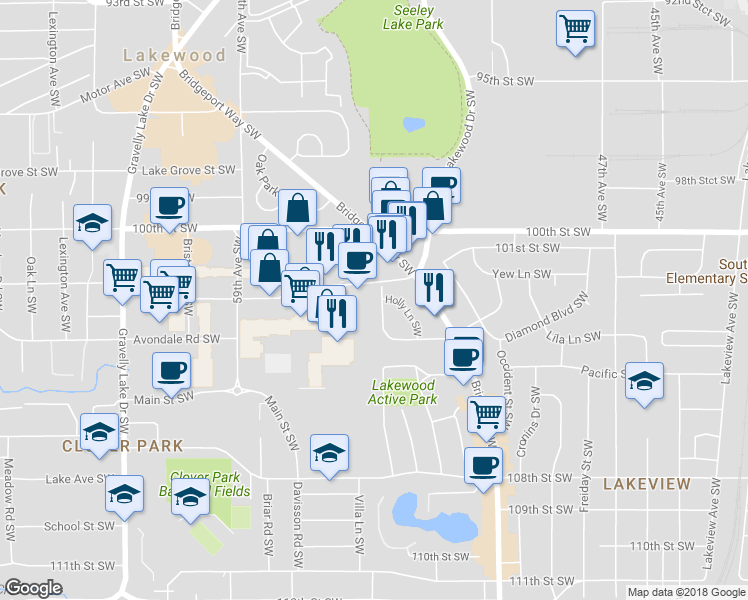 map of restaurants, bars, coffee shops, grocery stores, and more near 10210 Villa Lane Southwest in Tacoma