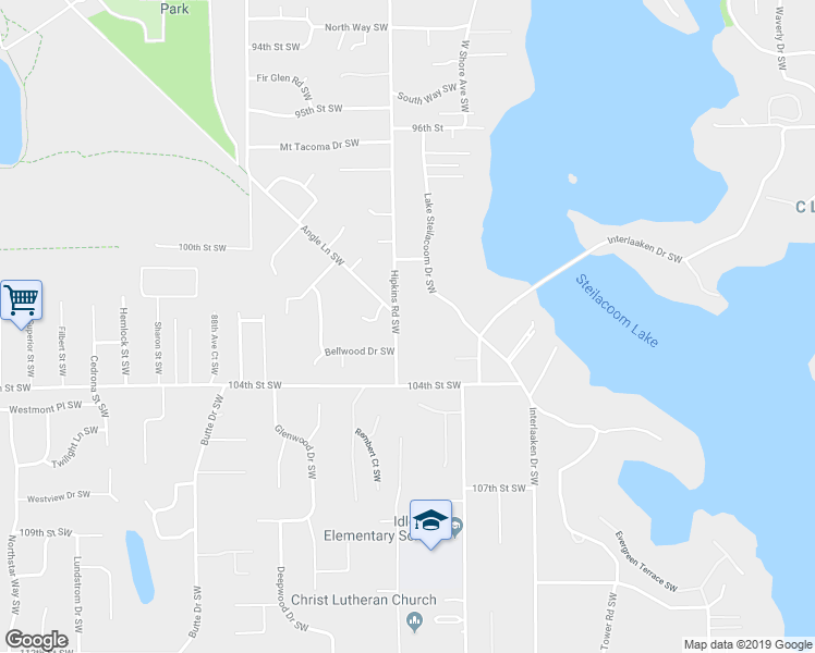 map of restaurants, bars, coffee shops, grocery stores, and more near 10203 Hipkins Road Southwest in Tacoma