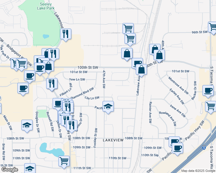 map of restaurants, bars, coffee shops, grocery stores, and more near 10211 47th Avenue Southwest in Tacoma