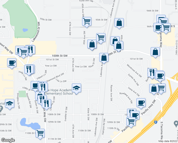 map of restaurants, bars, coffee shops, grocery stores, and more near 10210 Kline Street Southwest in Lakewood