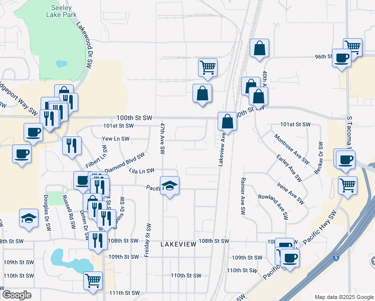 map of restaurants, bars, coffee shops, grocery stores, and more near 10210 Kline Street Southwest in Lakewood