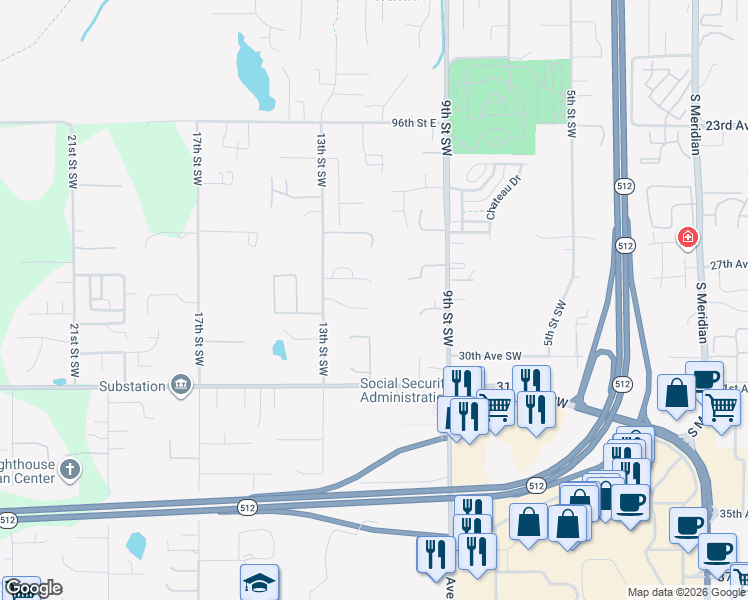 map of restaurants, bars, coffee shops, grocery stores, and more near 1101 28th Avenue Court Southwest in Puyallup