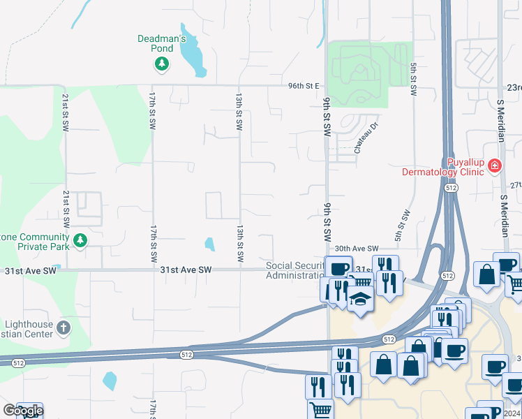 map of restaurants, bars, coffee shops, grocery stores, and more near 1211 28th Avenue Court Southwest in Puyallup