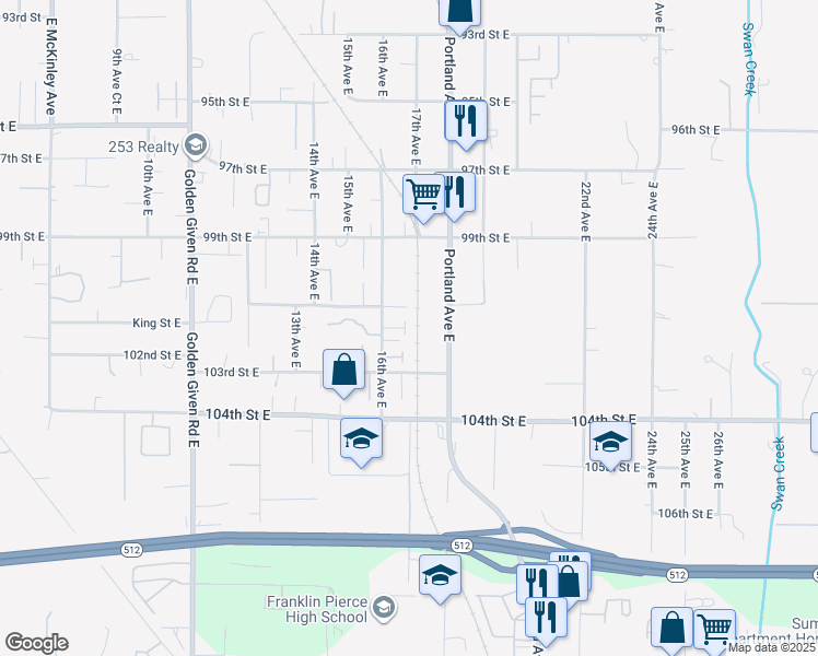 map of restaurants, bars, coffee shops, grocery stores, and more near 1604 101st Street Court East in Tacoma