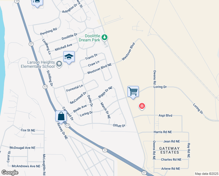 map of restaurants, bars, coffee shops, grocery stores, and more near 429 Biggs Drive Northeast in Moses Lake