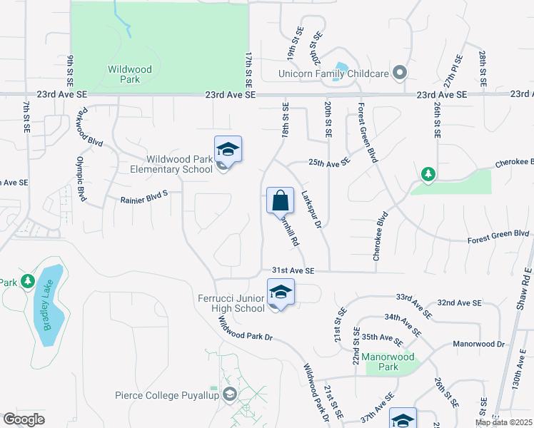 map of restaurants, bars, coffee shops, grocery stores, and more near 2705 18th Street Southeast in Puyallup