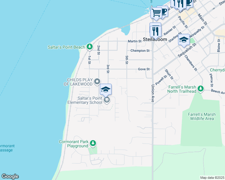 map of restaurants, bars, coffee shops, grocery stores, and more near 908 3rd Street in Steilacoom