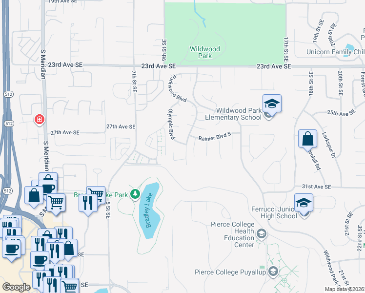map of restaurants, bars, coffee shops, grocery stores, and more near 2817 10th Street Court East in Puyallup
