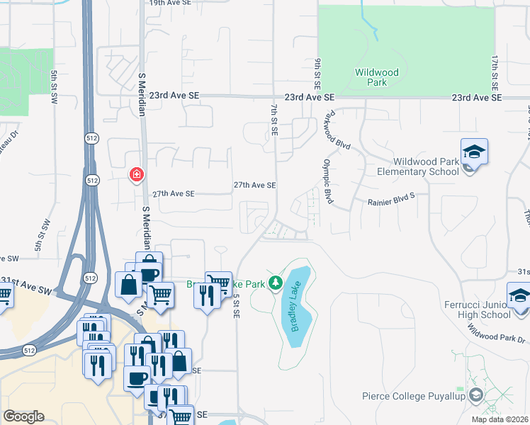 map of restaurants, bars, coffee shops, grocery stores, and more near 2813 6th Street Southeast in Puyallup