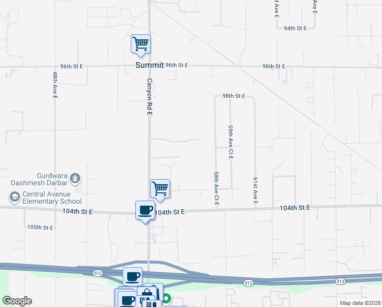 map of restaurants, bars, coffee shops, grocery stores, and more near 10007 Canyon Road East in Puyallup