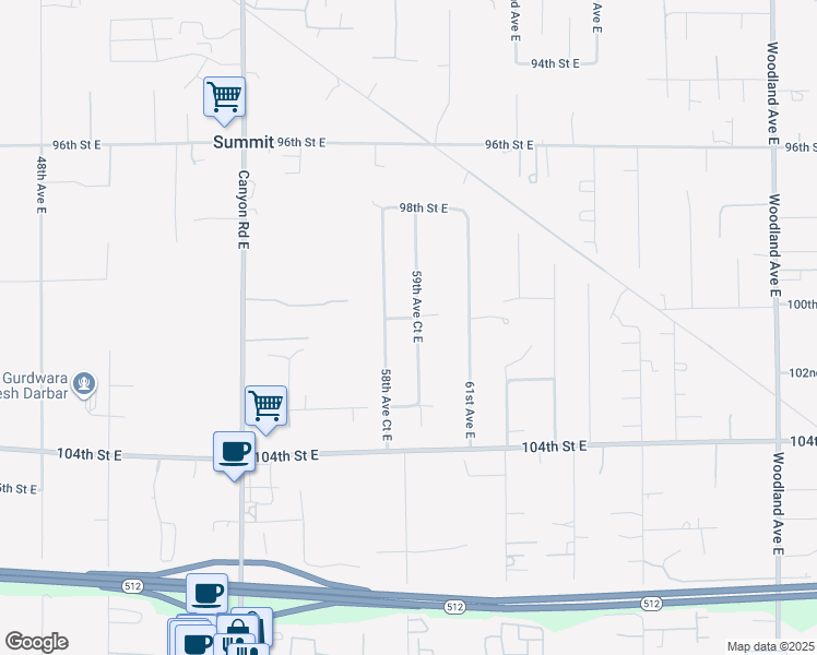 map of restaurants, bars, coffee shops, grocery stores, and more near 10002 59th Avenue Court East in Puyallup