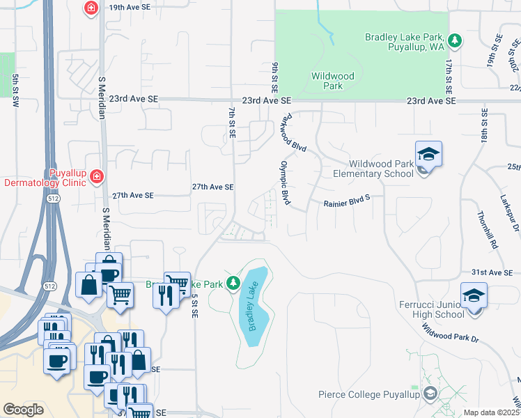 map of restaurants, bars, coffee shops, grocery stores, and more near 2710 9th Street Southeast in Puyallup