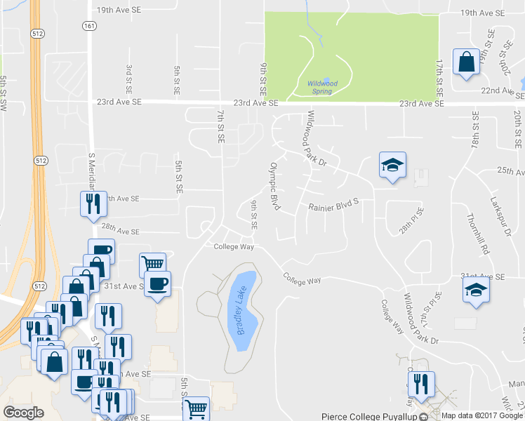 map of restaurants, bars, coffee shops, grocery stores, and more near 2709 9th Street Southeast in Puyallup