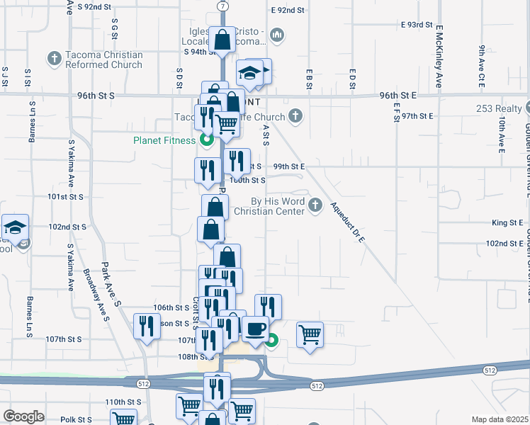 map of restaurants, bars, coffee shops, grocery stores, and more near 10017 A Street South in Tacoma