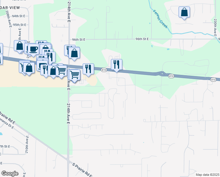 map of restaurants, bars, coffee shops, grocery stores, and more near 9913 219th Avenue Court East in Bonney Lake