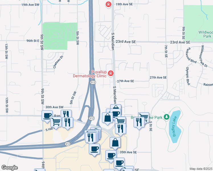 map of restaurants, bars, coffee shops, grocery stores, and more near 2622 South Meridian in Puyallup
