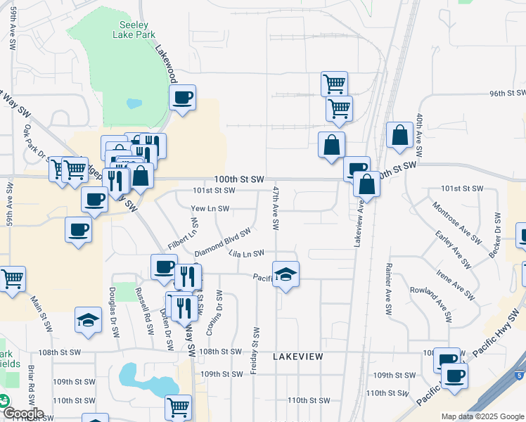 map of restaurants, bars, coffee shops, grocery stores, and more near 4802 Diamond Boulevard Southwest in Lakewood