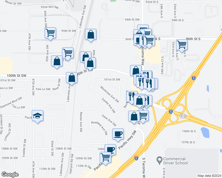 map of restaurants, bars, coffee shops, grocery stores, and more near 3822 Cadillac Lane Southwest in Tacoma