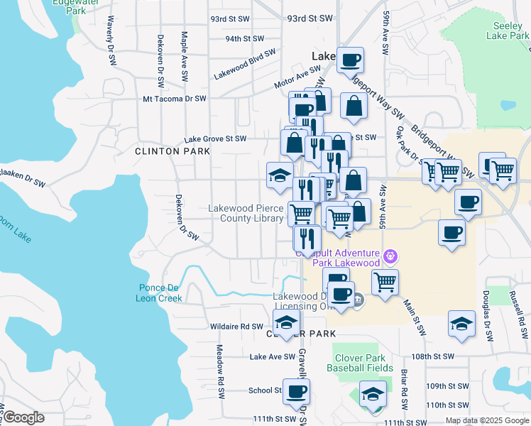 map of restaurants, bars, coffee shops, grocery stores, and more near 6423 Alfaretta Street Southwest in Tacoma