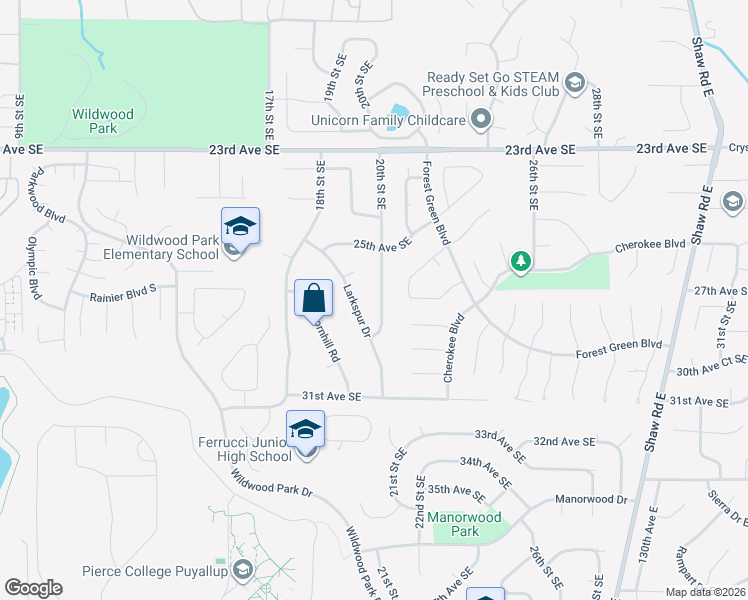 map of restaurants, bars, coffee shops, grocery stores, and more near 1810 Larkspur Court Southeast in Puyallup