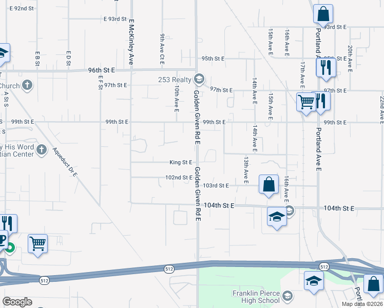 map of restaurants, bars, coffee shops, grocery stores, and more near 10012 Golden Given Road East in Tacoma