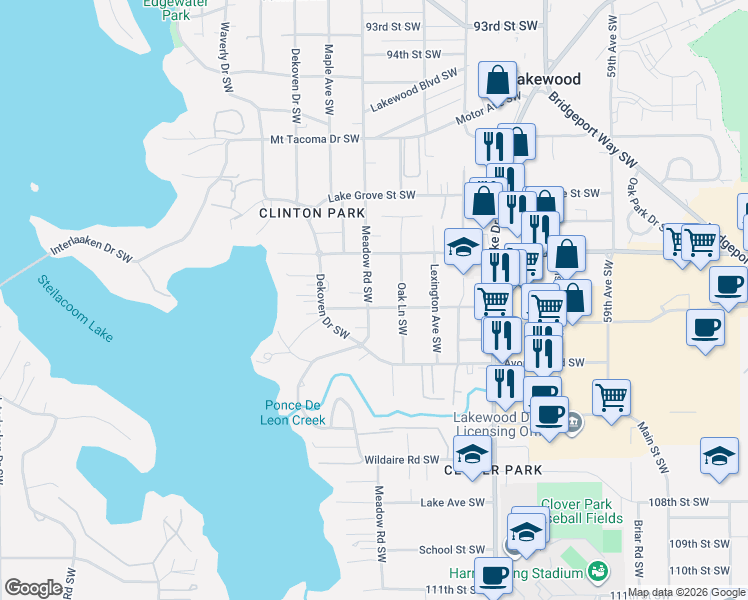 map of restaurants, bars, coffee shops, grocery stores, and more near 10015 Meadow Road Southwest in Tacoma