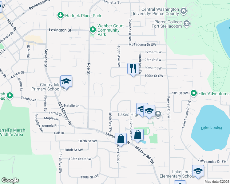 map of restaurants, bars, coffee shops, grocery stores, and more near 10810 100th Street Court Southwest in Tacoma