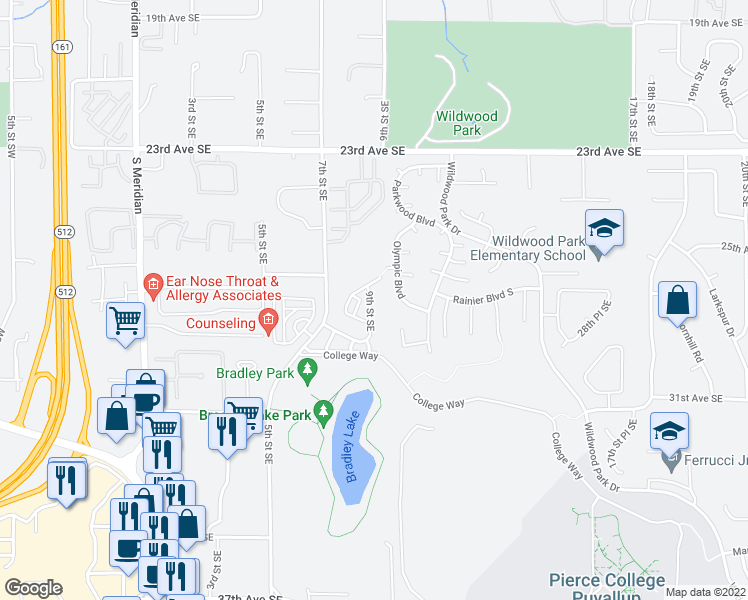 map of restaurants, bars, coffee shops, grocery stores, and more near 2701 9th Street Southeast in Puyallup