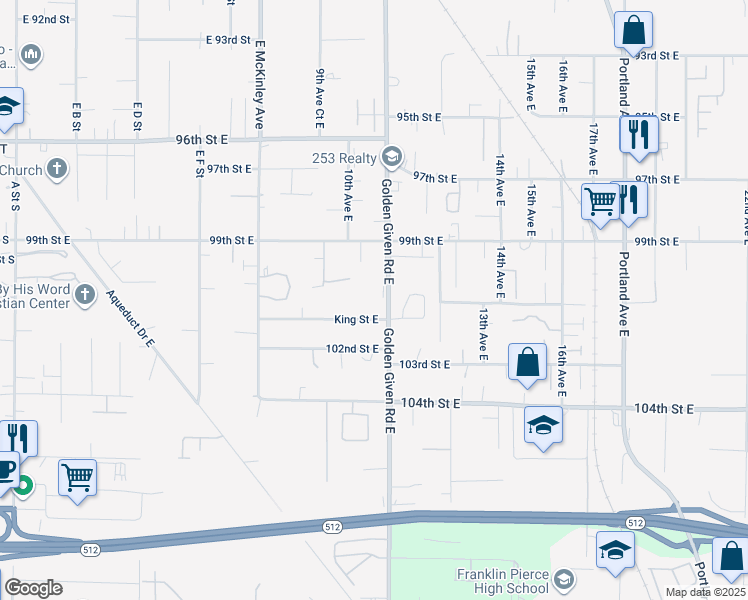 map of restaurants, bars, coffee shops, grocery stores, and more near 10012 Golden Given Road East in Tacoma