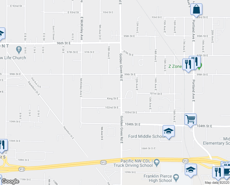 map of restaurants, bars, coffee shops, grocery stores, and more near 10012 Golden Given Road East in Tacoma
