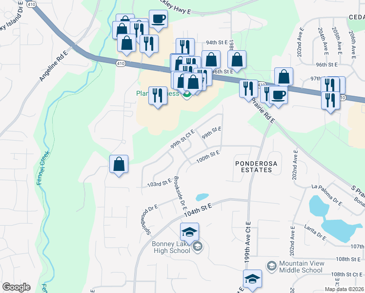 map of restaurants, bars, coffee shops, grocery stores, and more near 9904 197th Avenue Court East in Bonney Lake