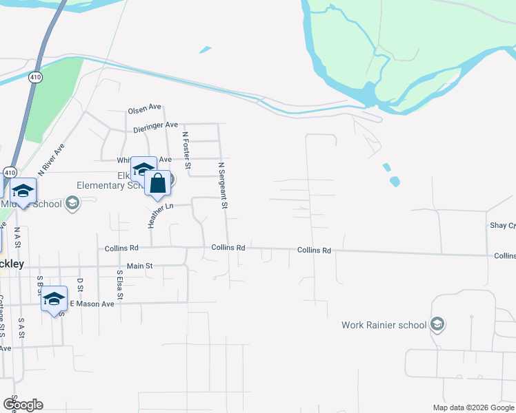 map of restaurants, bars, coffee shops, grocery stores, and more near 302 North Sergeant Street in Buckley