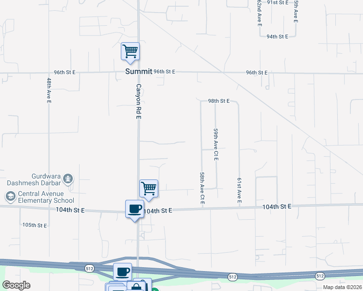 map of restaurants, bars, coffee shops, grocery stores, and more near 5519 99th Street Court East in Puyallup