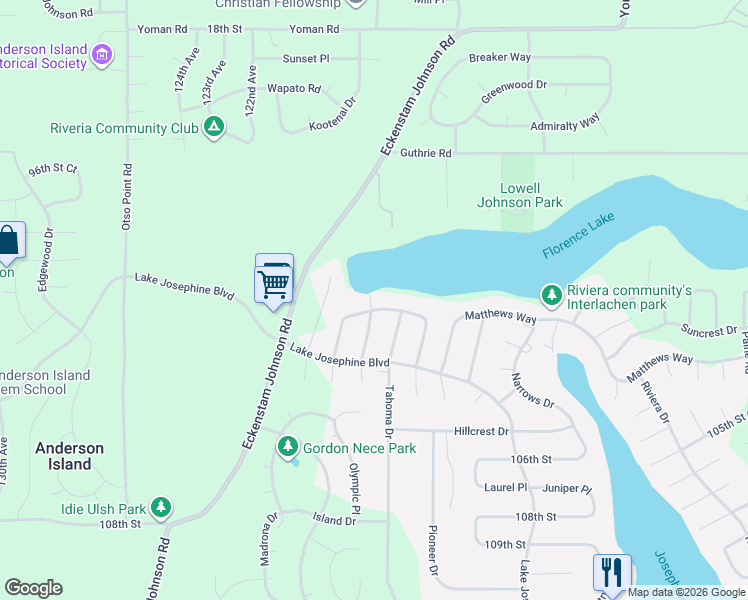 map of restaurants, bars, coffee shops, grocery stores, and more near 11801 Lake Florence Drive in Anderson Island