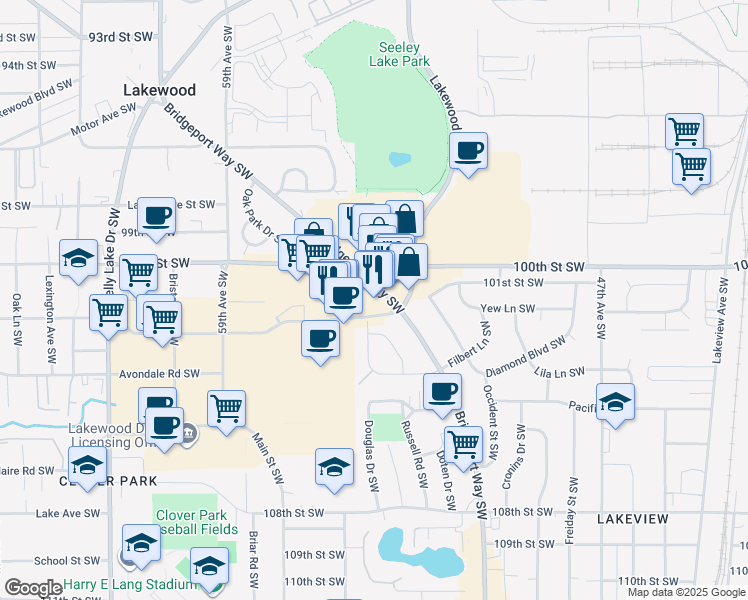 map of restaurants, bars, coffee shops, grocery stores, and more near 10108 Bridgeport Way Southwest in Lakewood