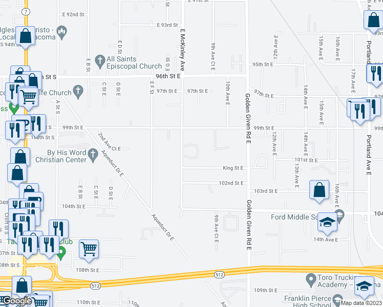 map of restaurants, bars, coffee shops, grocery stores, and more near 817 101st Street East in Tacoma