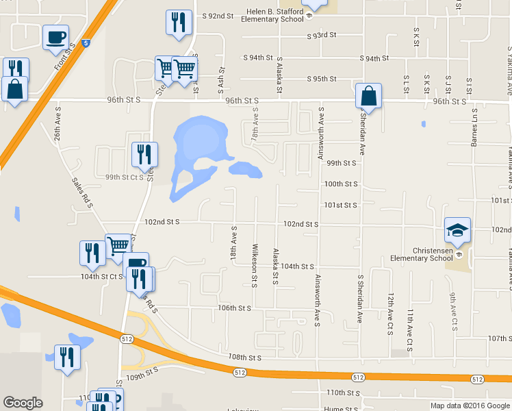 map of restaurants, bars, coffee shops, grocery stores, and more near 10106 Wilkeson Street South in Tacoma