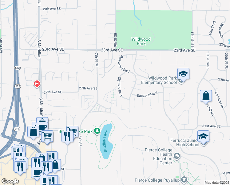 map of restaurants, bars, coffee shops, grocery stores, and more near 914 27th Avenue Southeast in Puyallup