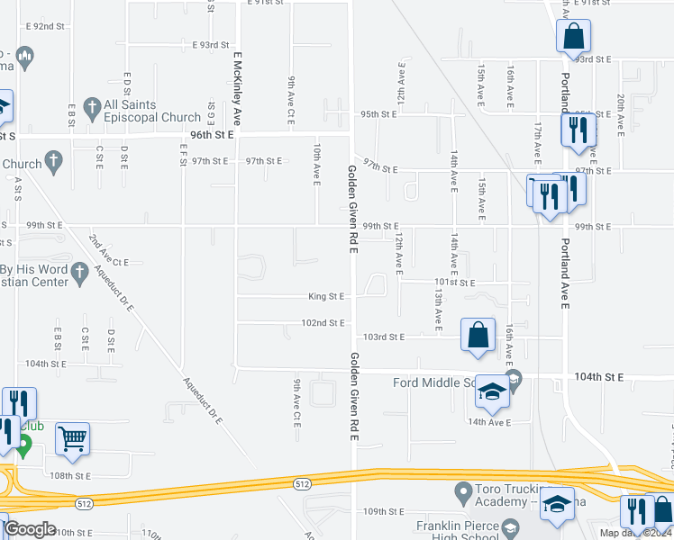 map of restaurants, bars, coffee shops, grocery stores, and more near 10012 Golden Given Road East in Tacoma