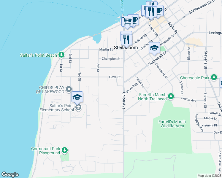 map of restaurants, bars, coffee shops, grocery stores, and more near 514 Wallace Street in Steilacoom