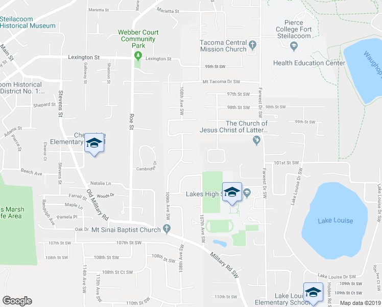 map of restaurants, bars, coffee shops, grocery stores, and more near 10712 100th Street Court Southwest in Tacoma