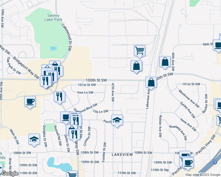 map of restaurants, bars, coffee shops, grocery stores, and more near 10108 47th Avenue Southwest in Tacoma