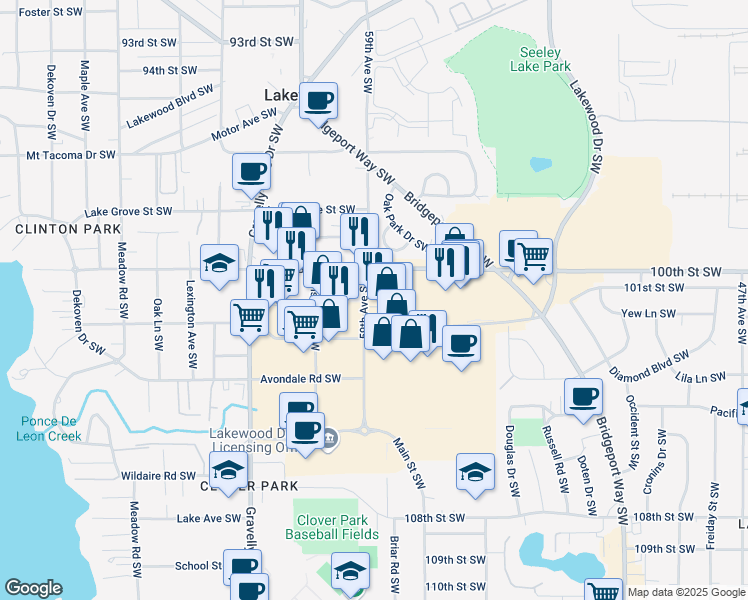 map of restaurants, bars, coffee shops, grocery stores, and more near 10019 59th Avenue Southwest in Lakewood