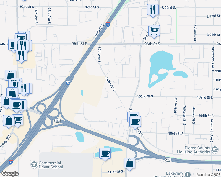 map of restaurants, bars, coffee shops, grocery stores, and more near 10020 Sales Road South in Lakewood