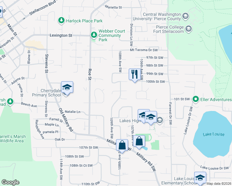 map of restaurants, bars, coffee shops, grocery stores, and more near 10810 100th Street Court Southwest in Tacoma